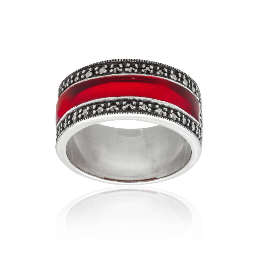 Red Enamel Plain Rectangle Band with Marcasite - 01R120MRD - Click Image to Close